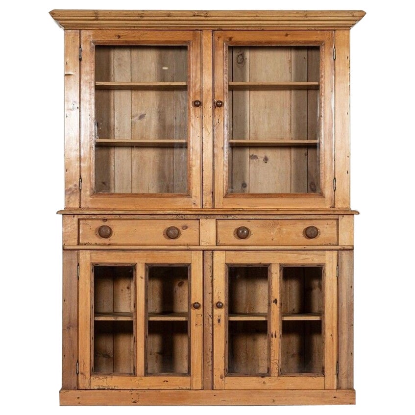 19thC English Pine Glazed Housekeepers Cabinet For Sale