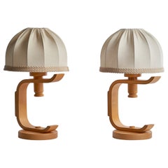 Vintage Swedish Designer, Table Lamps, Oak, Fabric, Sweden, 1970s