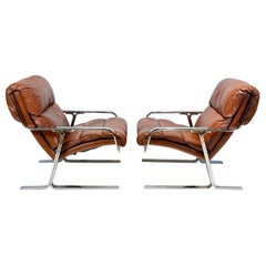 Pair of Mid Century Modern Chrome Flat Bar Lounge Chairs, Italy 1970's