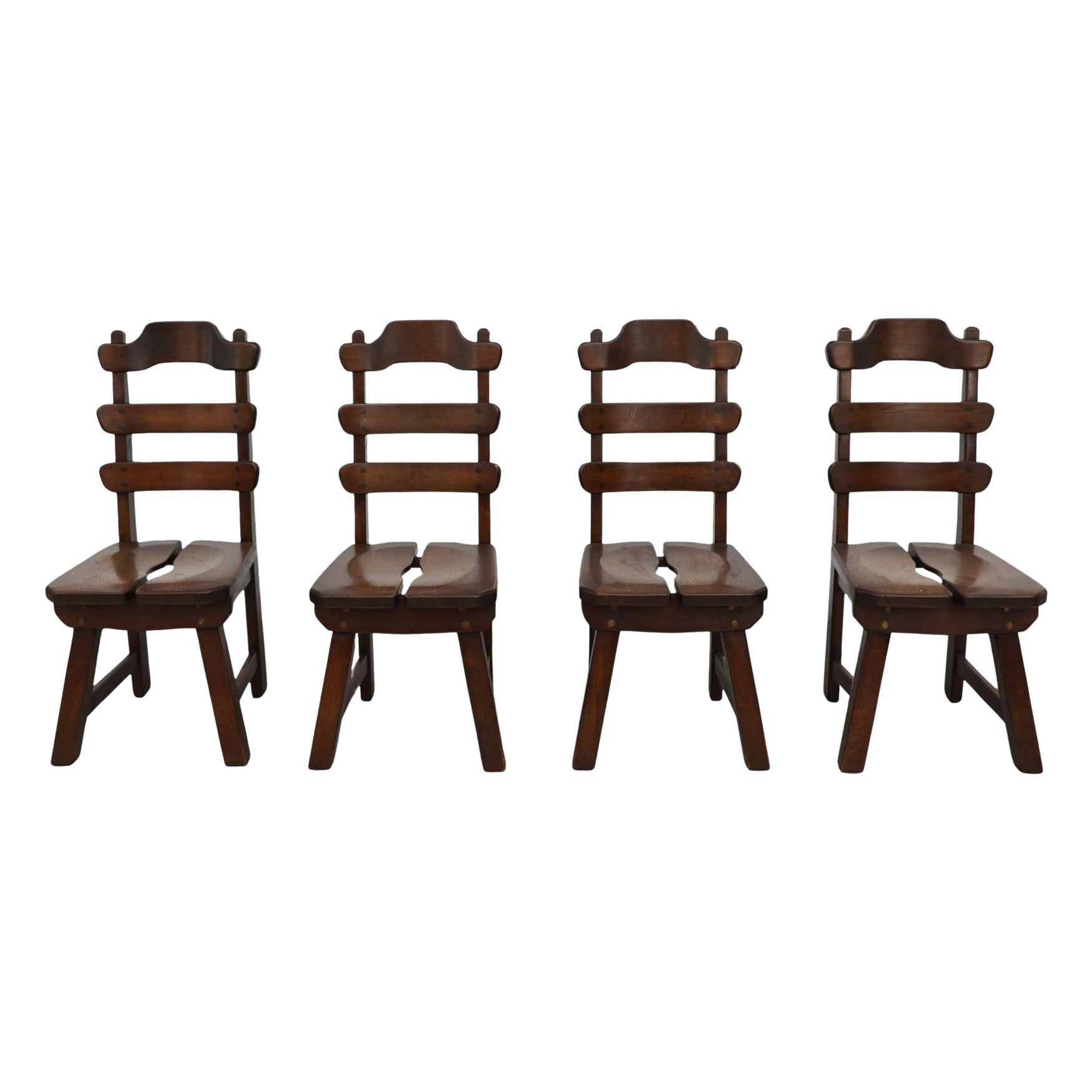 Set of Four De Puydt Attributed Brutalist Dark Stained Oak Ladder Back Chairs