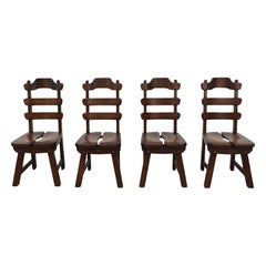 Set of Four De Puydt Attributed Brutalist Dark Stained Oak Ladder Back Chairs