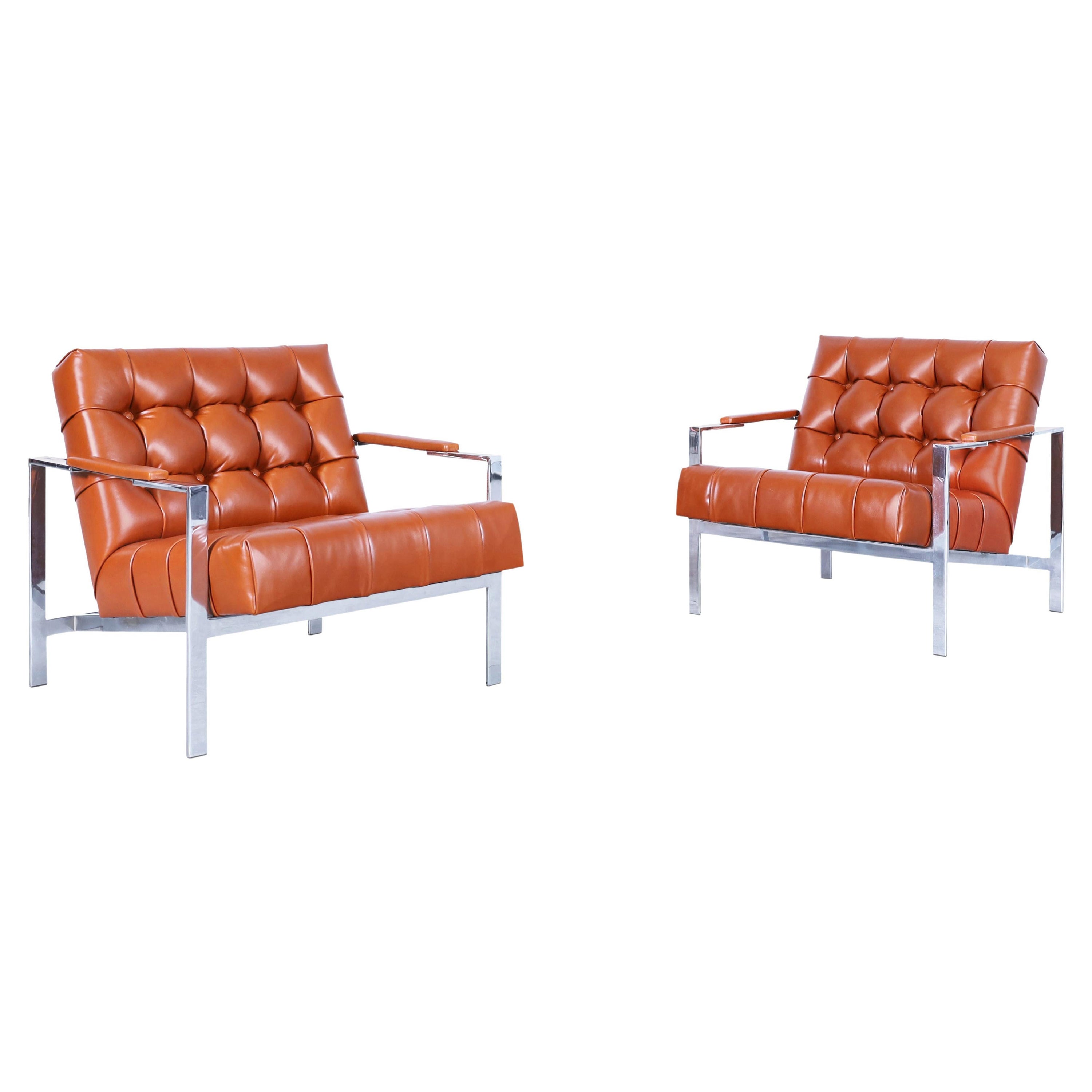 Vintage Leather and Chrome Biscuit Tufted Lounge Chairs by Milo Baughman For Sale