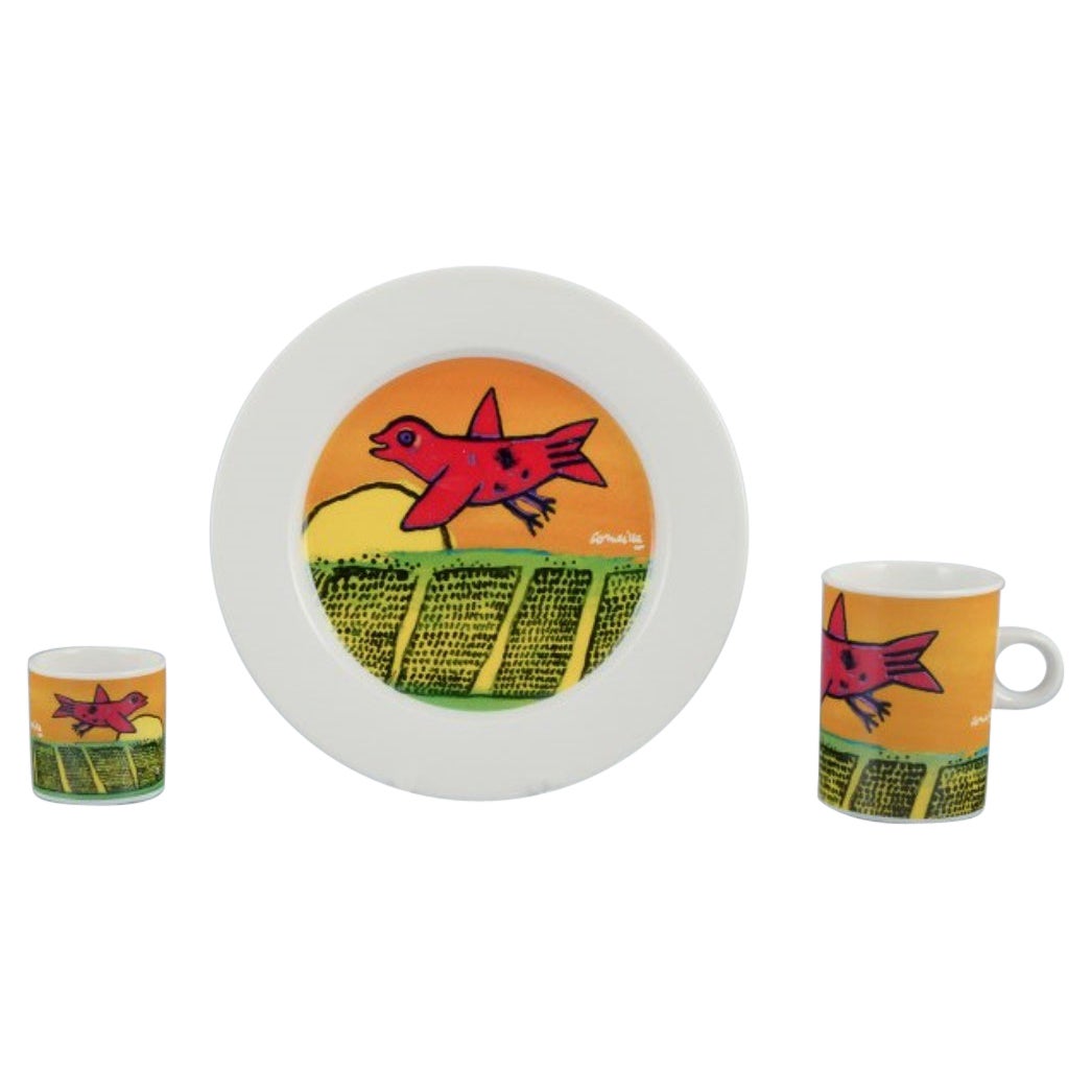 Corneille, Dutch CoBrA artist. Coffee cup, plate and egg cup with birds 1980/90s For Sale