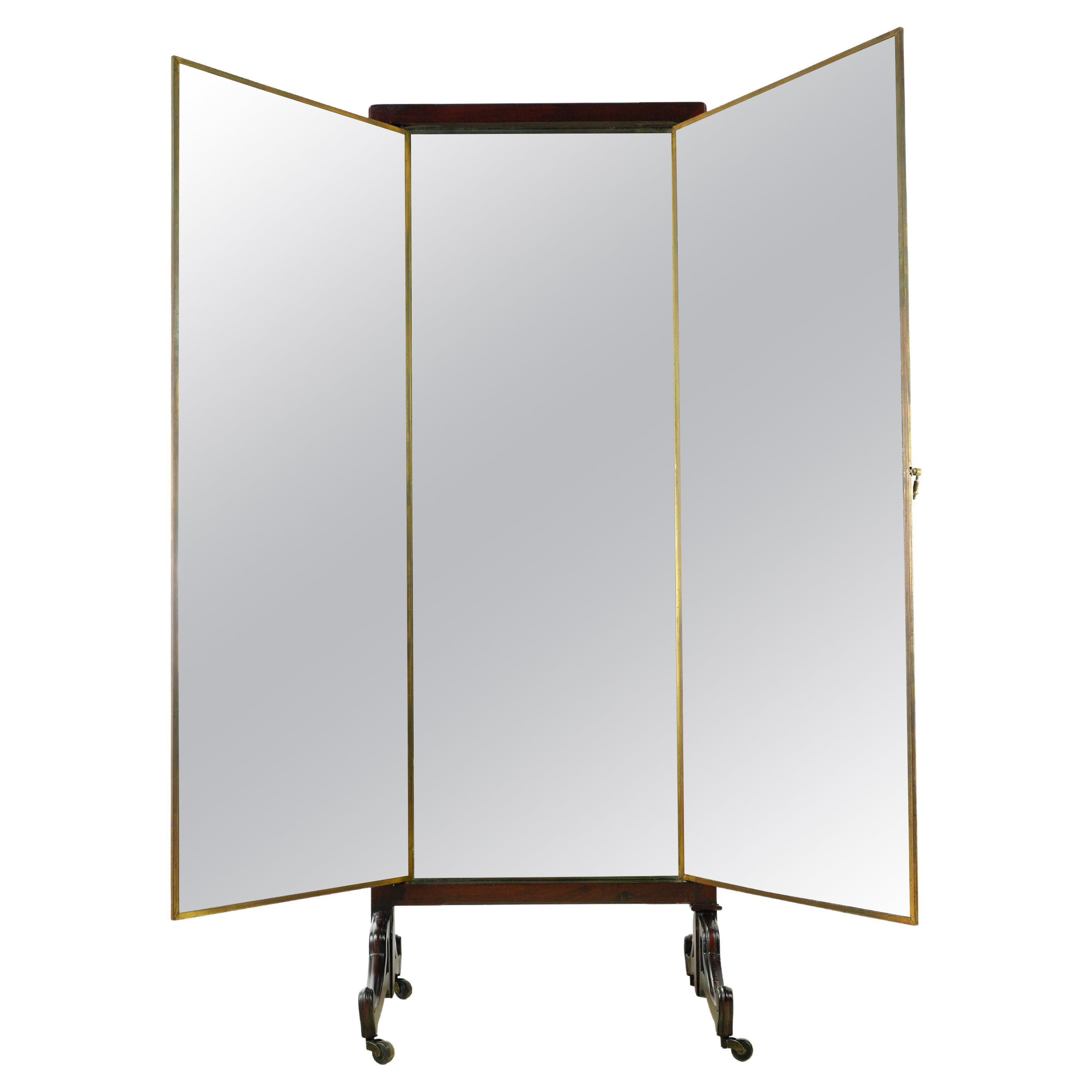 Miroir Brot French Mahogany Tri-fold Dressing Mirror w Casters For Sale
