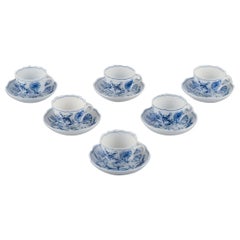 Vintage Meissen, Germany, six pairs of Blue Onion pattern coffee cups with saucers