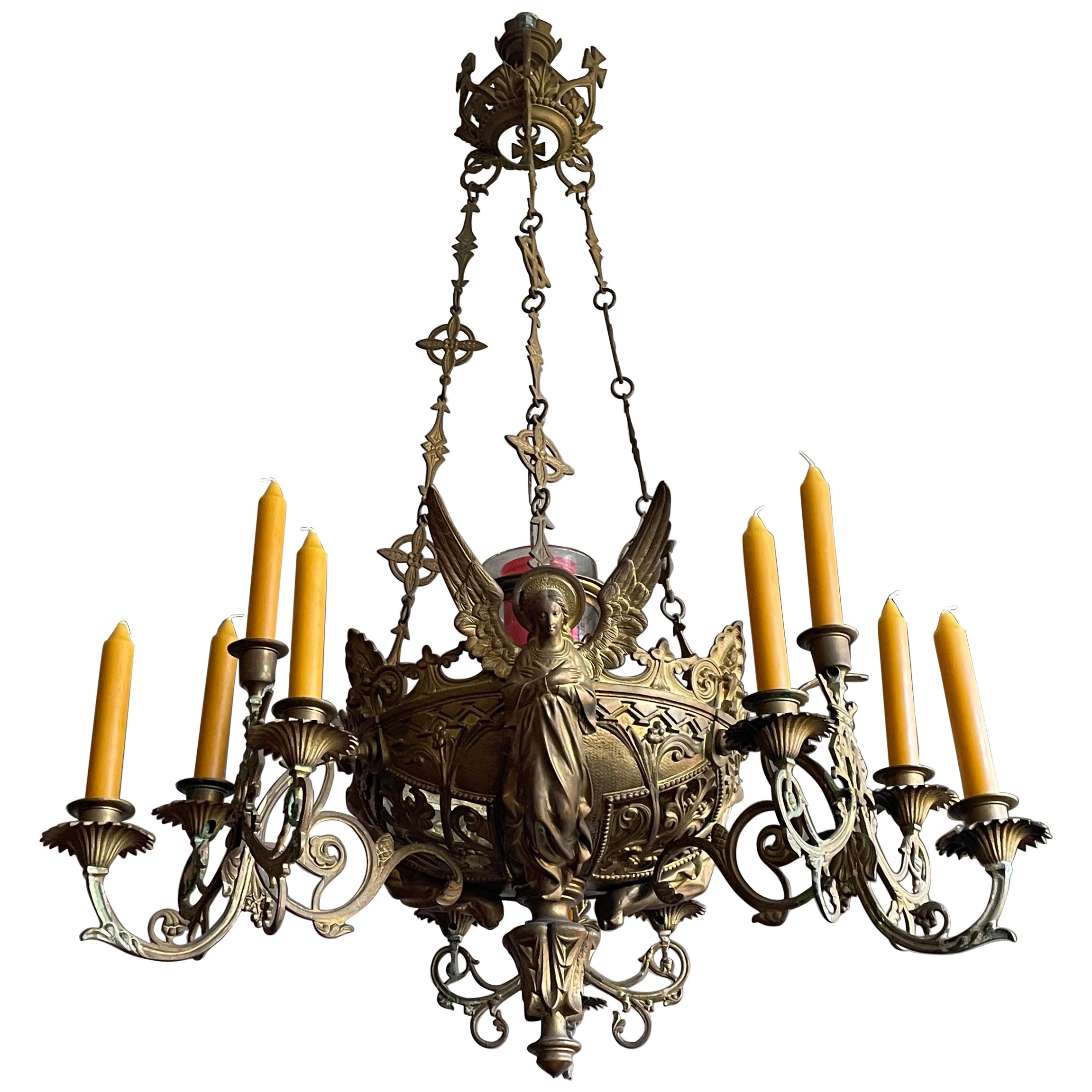 Bronze Gothic Revival Candle Chandelier w. Virgin Mary & Marian Cross Sculptures For Sale