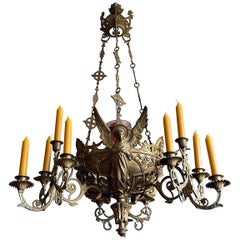 Bronze Gothic Revival Candle Chandelier w. Virgin Mary & Marian Cross Sculptures