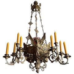 Antique Bronze Gothic Revival Candle Chandelier w. Virgin Mary & Marian Cross Sculptures