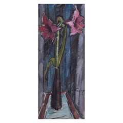 Ivan Franke, artiste suédois Huile sur toile. Nature morte moderniste avec amaryllis.