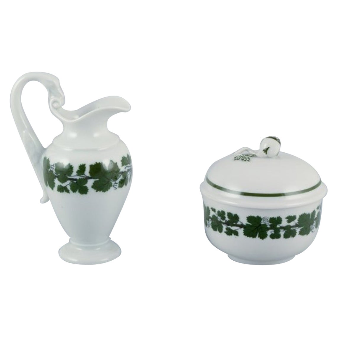 Meissen, Germany, Green Ivy Vine, sugar bowl and creamer in porcelain. For Sale