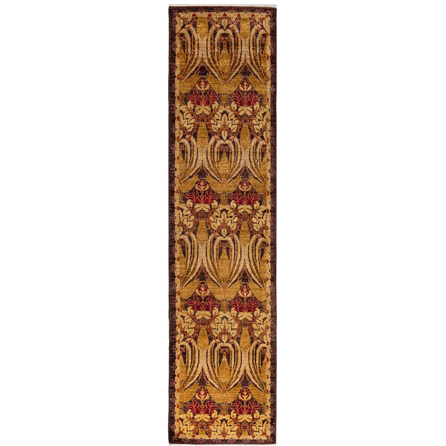 Contemporary Floral Hand Knotted Wool Beige Runner For Sale