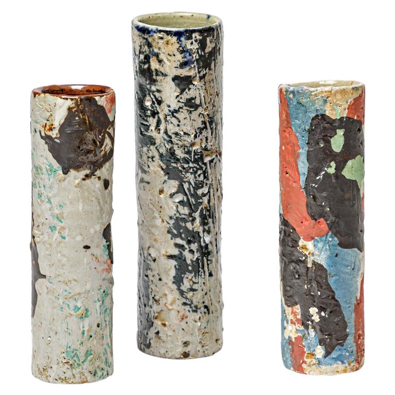 David Whitehead La Borne set of three colored ceramics vases contemporary art  en vente