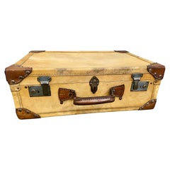 Used Luxurious Art Deco Suitcase Made of Light Vellum Leather / Parchment with Rivets