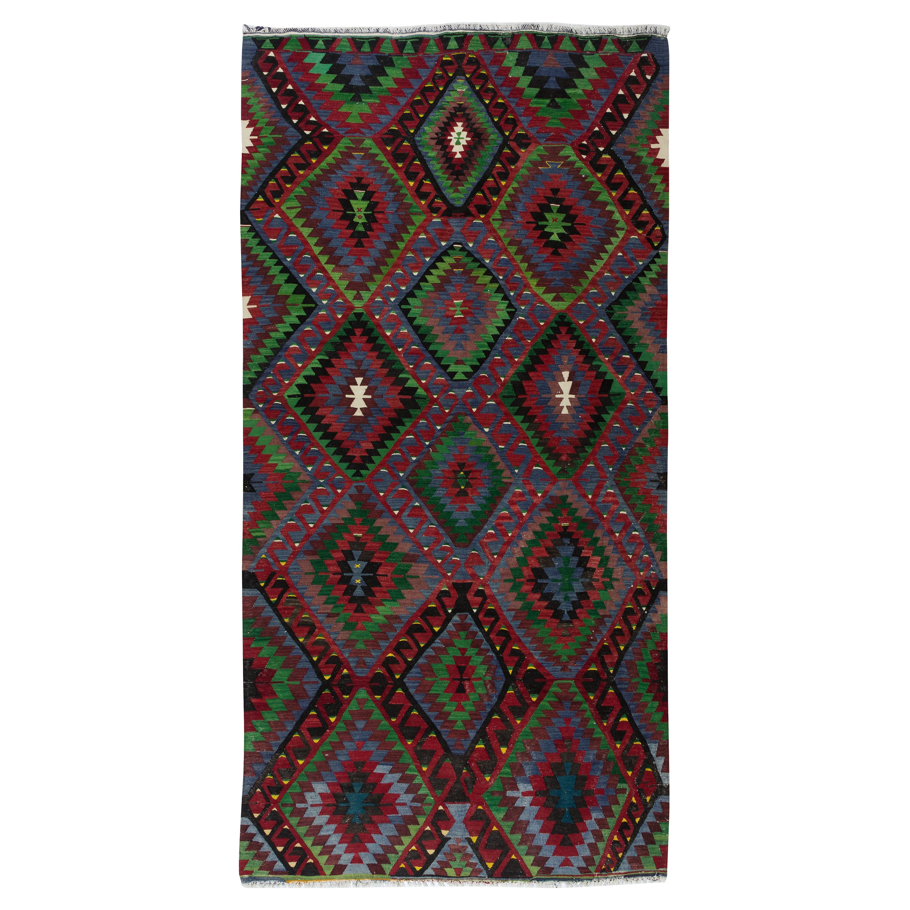 5.3x10.4 Ft Colorful Turkish Kilim with Hand-Spun Wool, Vintage Geometric Rug For Sale