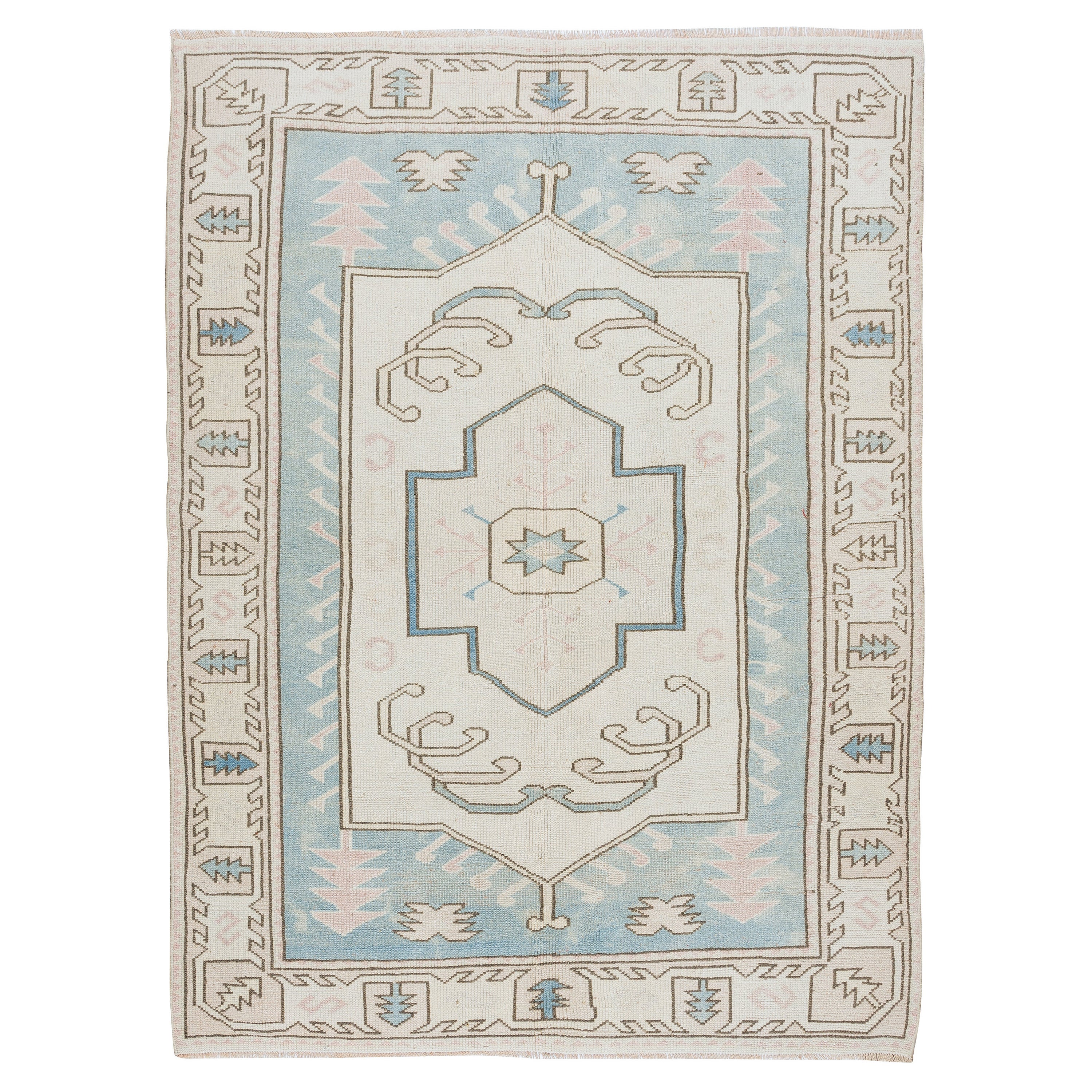 5x6.6 Ft Vintage Handmade Turkish Geometric Wool Area Rug in Light Blue & Cream