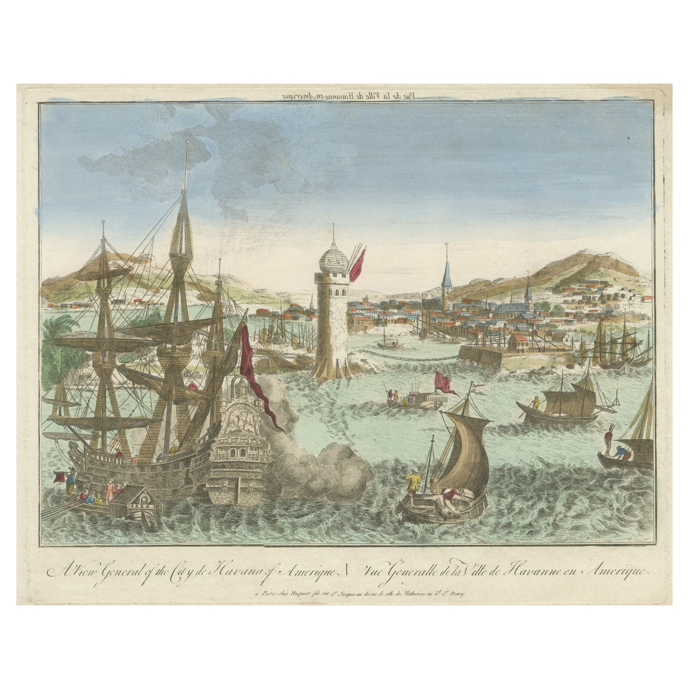 Hand-Colored Optica Print of the Harbour of Havanna, Cuba For Sale