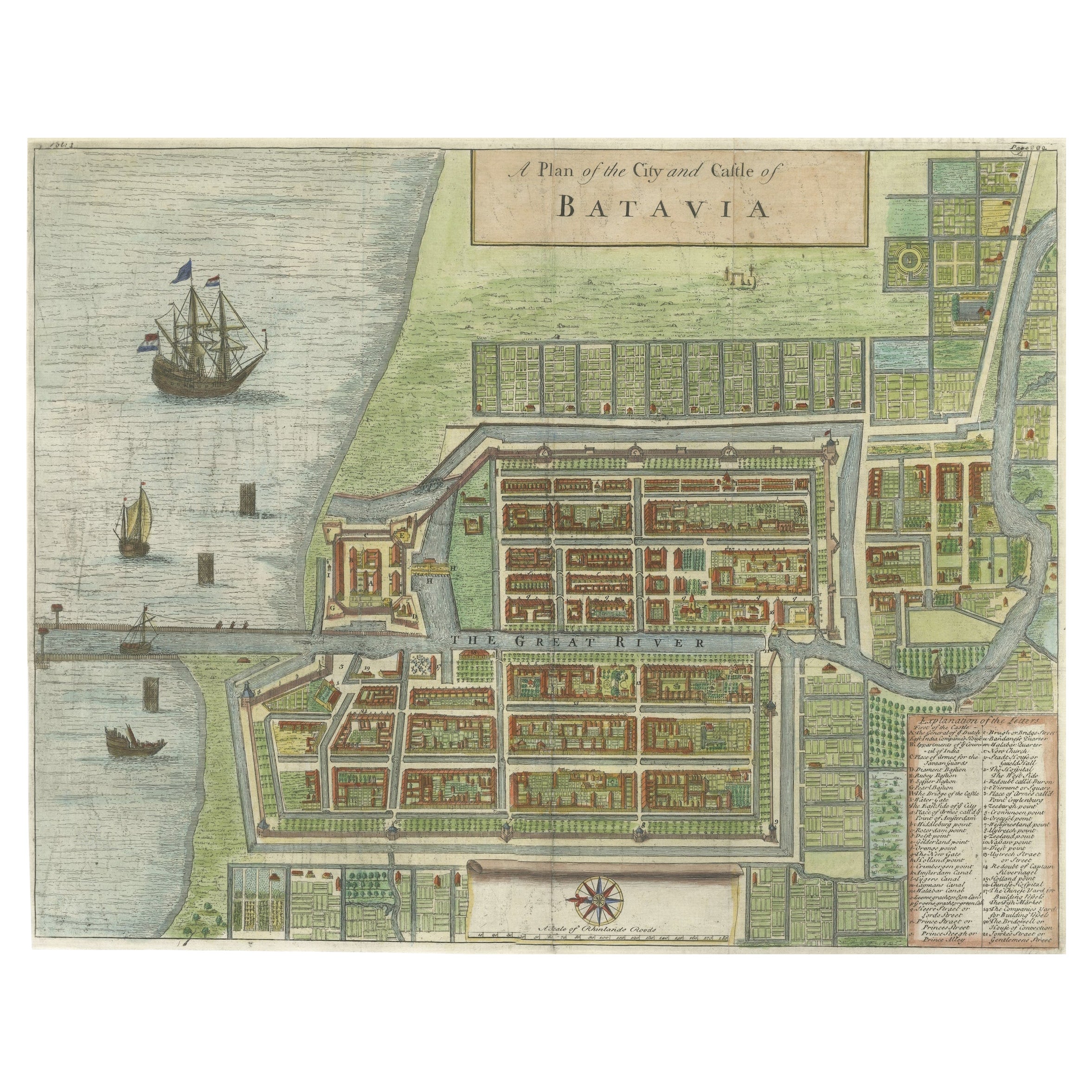 Original gravierter Originalplan der Stadt und des Schlosses von Batavia, Ostindien, 1740