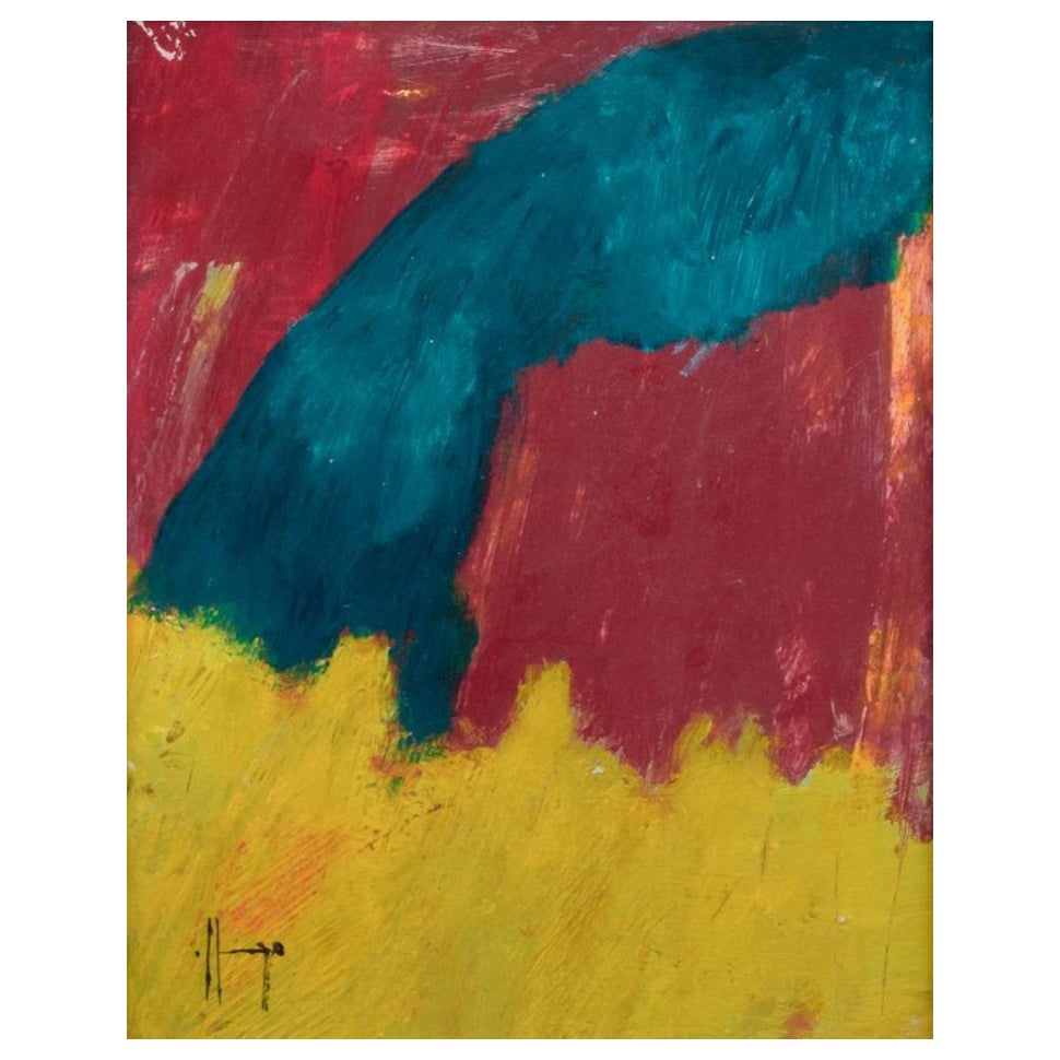 Artiste suédois. Huile sur planche. Composition abstraite aux couleurs vives. 