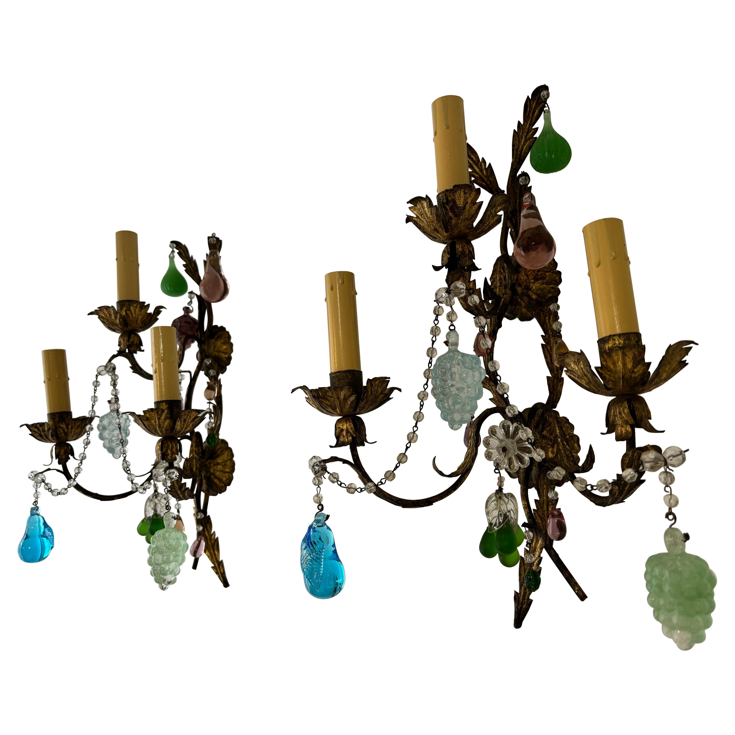 Appliques à 3 lumières en verre de Murano italien, cristal de fruits Raisins Tole, circa 1930