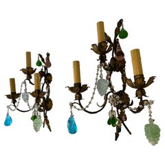 Appliques à 3 lumières en verre de Murano italien, cristal de fruits Raisins Tole, circa 1930