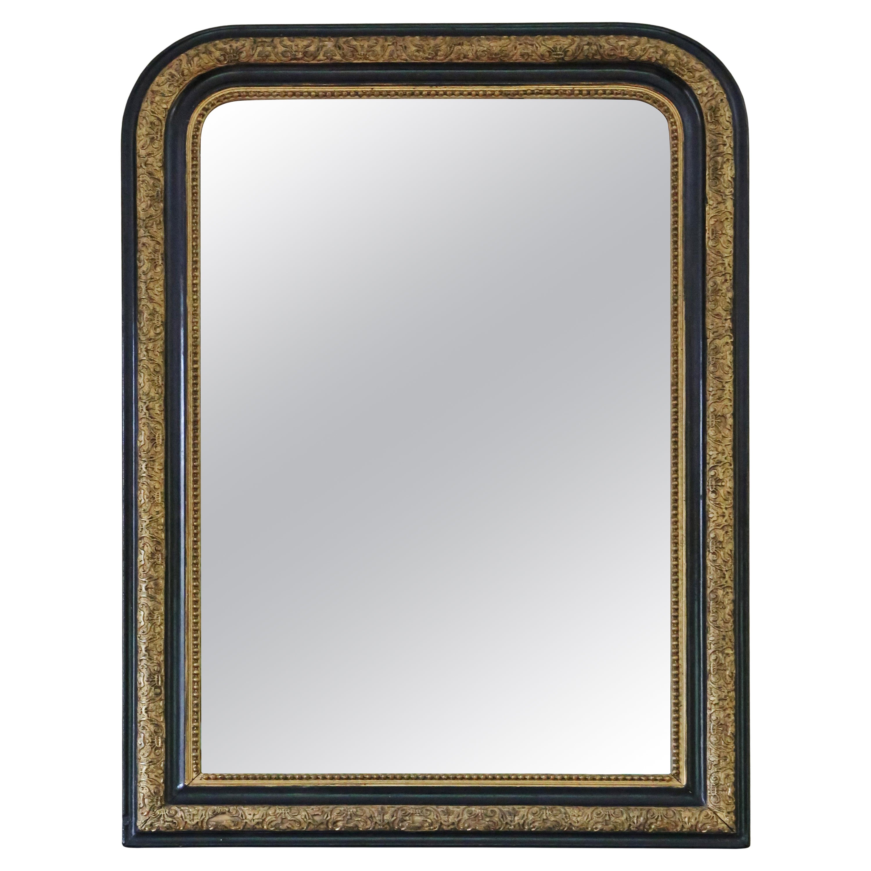 Antique grand miroir de manteau ébonisé et doré 19ème siècle en vente