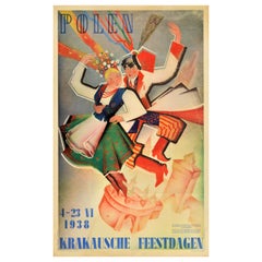 Affiche vintage originale de voyage Pologne Krakow Krakausche Feestdagen Polska