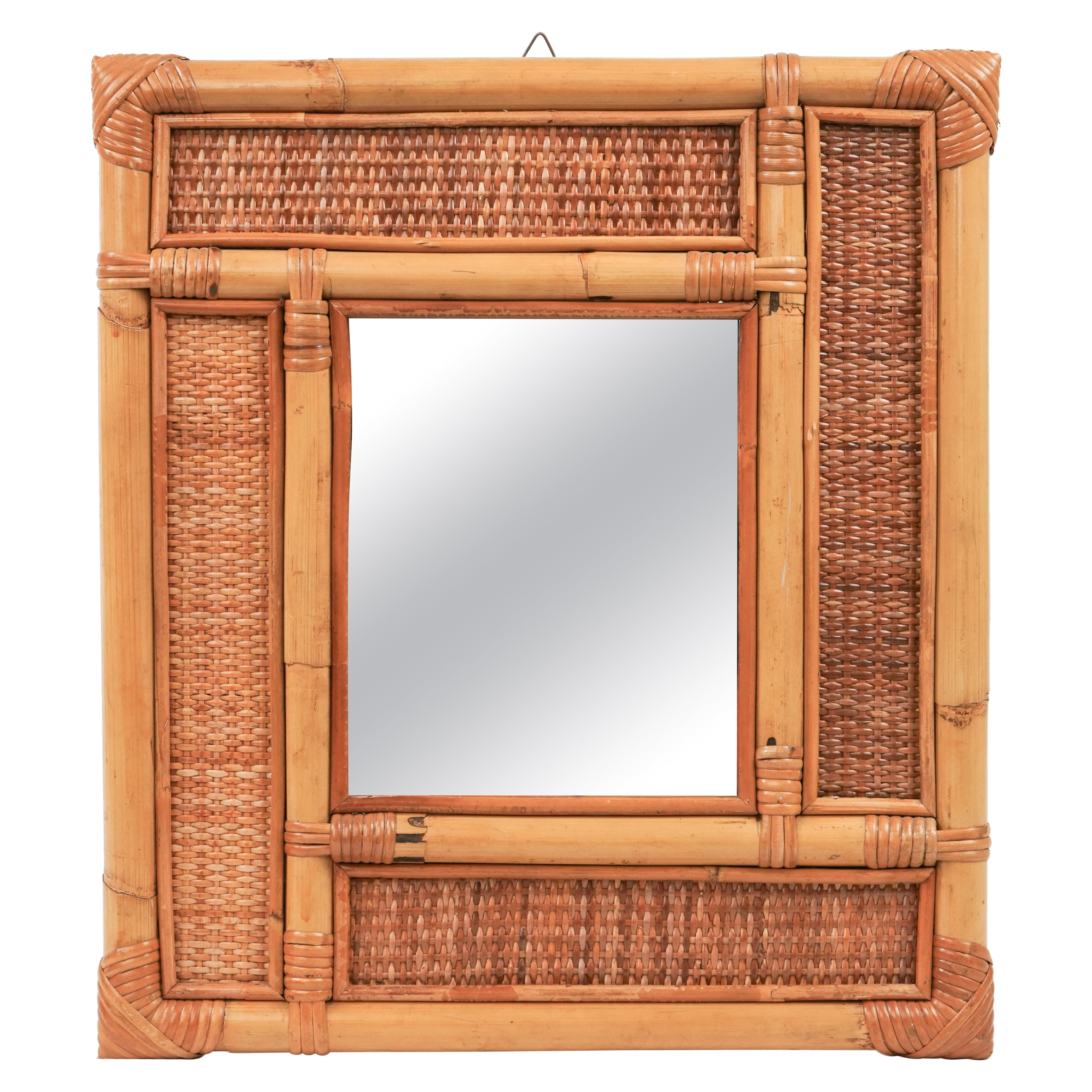 Midcentury Bamboo and Rattan Wall Mirror Vivai Del Sud Style, Italy 1970s