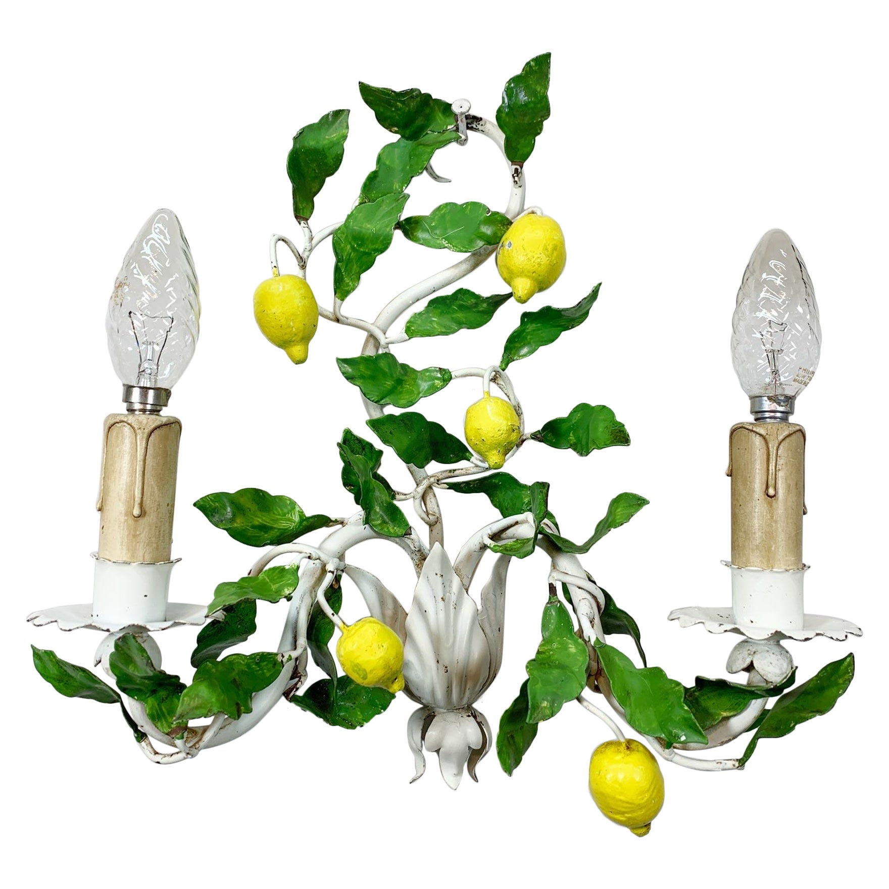 1950s Italian Tole Lemon Wall Light White Green & Yellow For Sale
