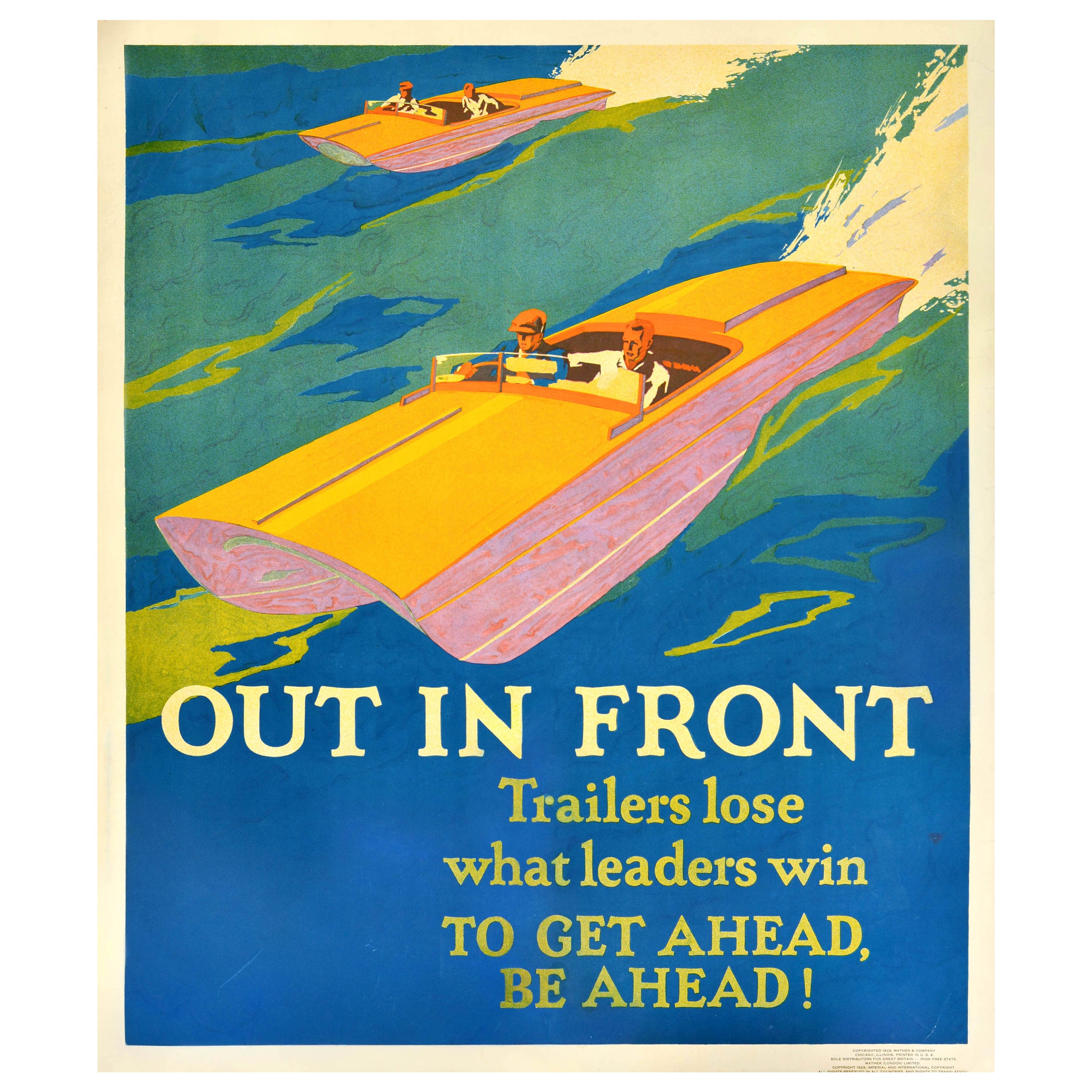 Original Vintage Workplace Motivation Poster Out In Front Leaders Speed Boat For Sale