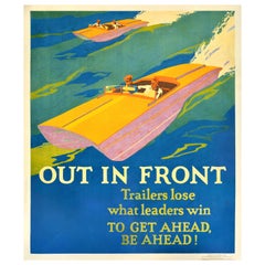 Original Vintage Workplace Motivationsplakat „Out In Front Leaders“, Speed Boat, Vintage