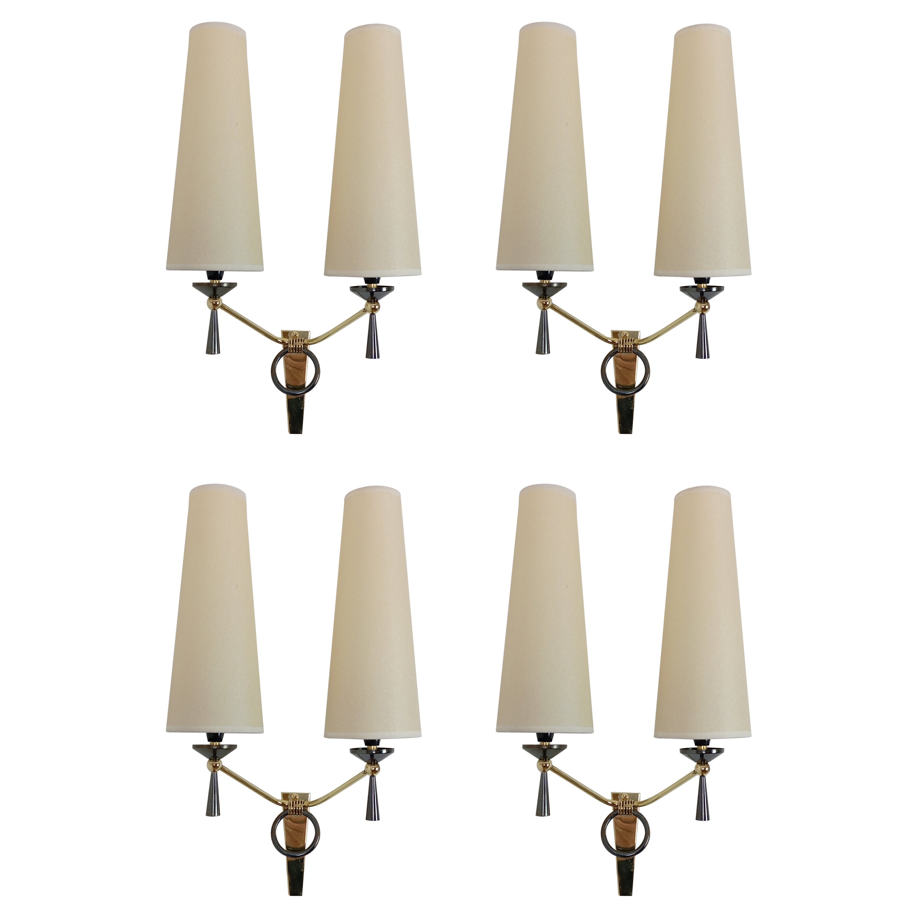 Set of 4 double sconces in brass, Maison Lunel circa 1950 For Sale