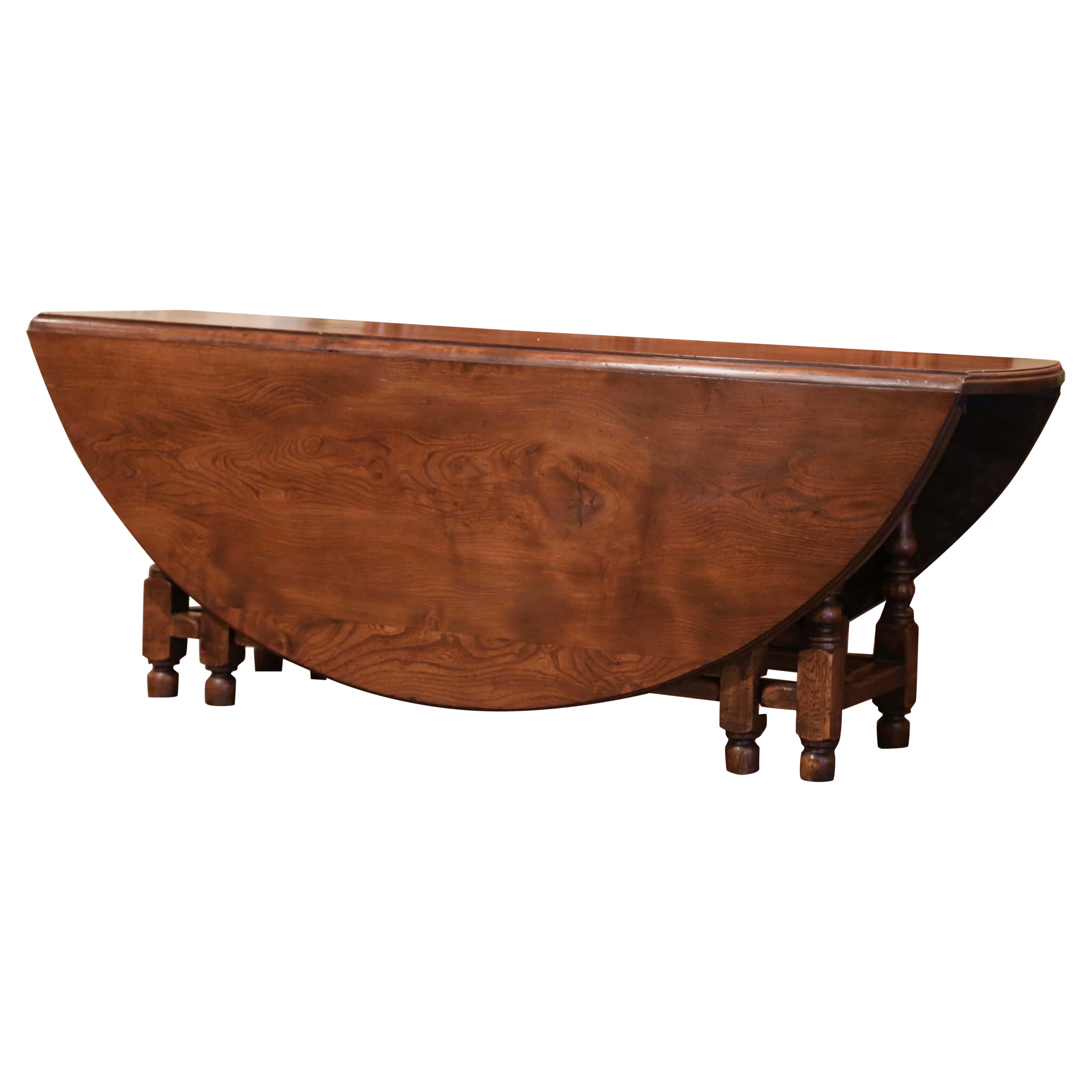 Midcentury English Carved Chestnut Eight Gate-Leg Drop-Leaf Oval Table im Angebot