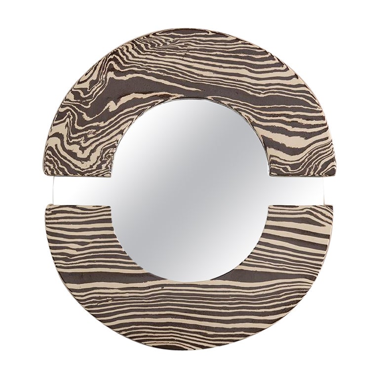 Brown and White Handmade Round Circular Ceramic Mirror For Sale