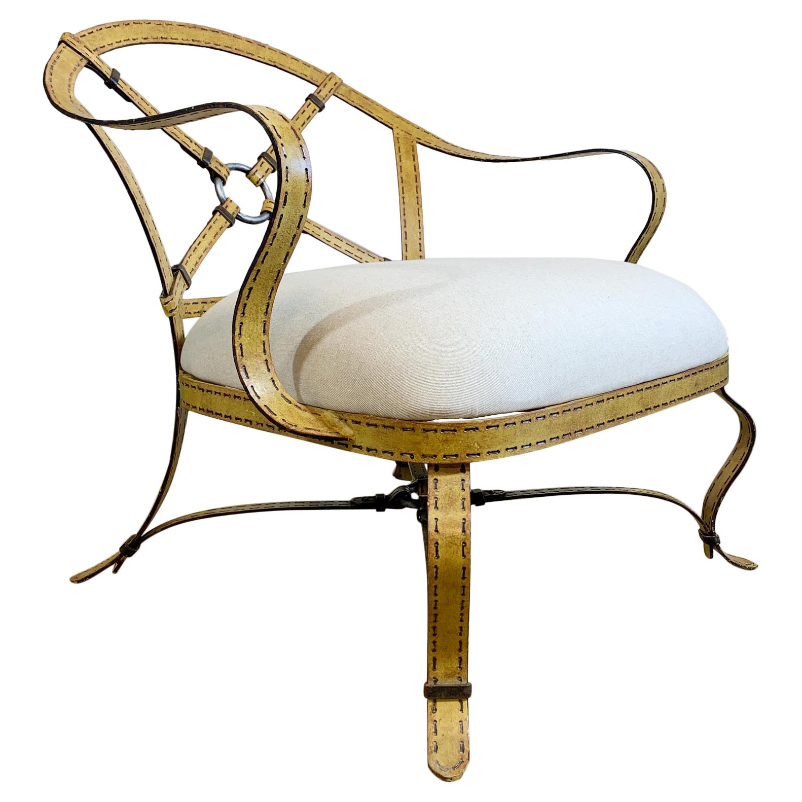 Chaise Trompe L'Oeil jaune en fer forgé et faux cuir de style Hermés/Adnet