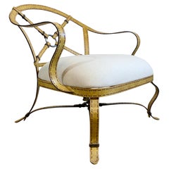 Chaise Trompe L'Oeil jaune en fer forgé et faux cuir de style Hermés/Adnet