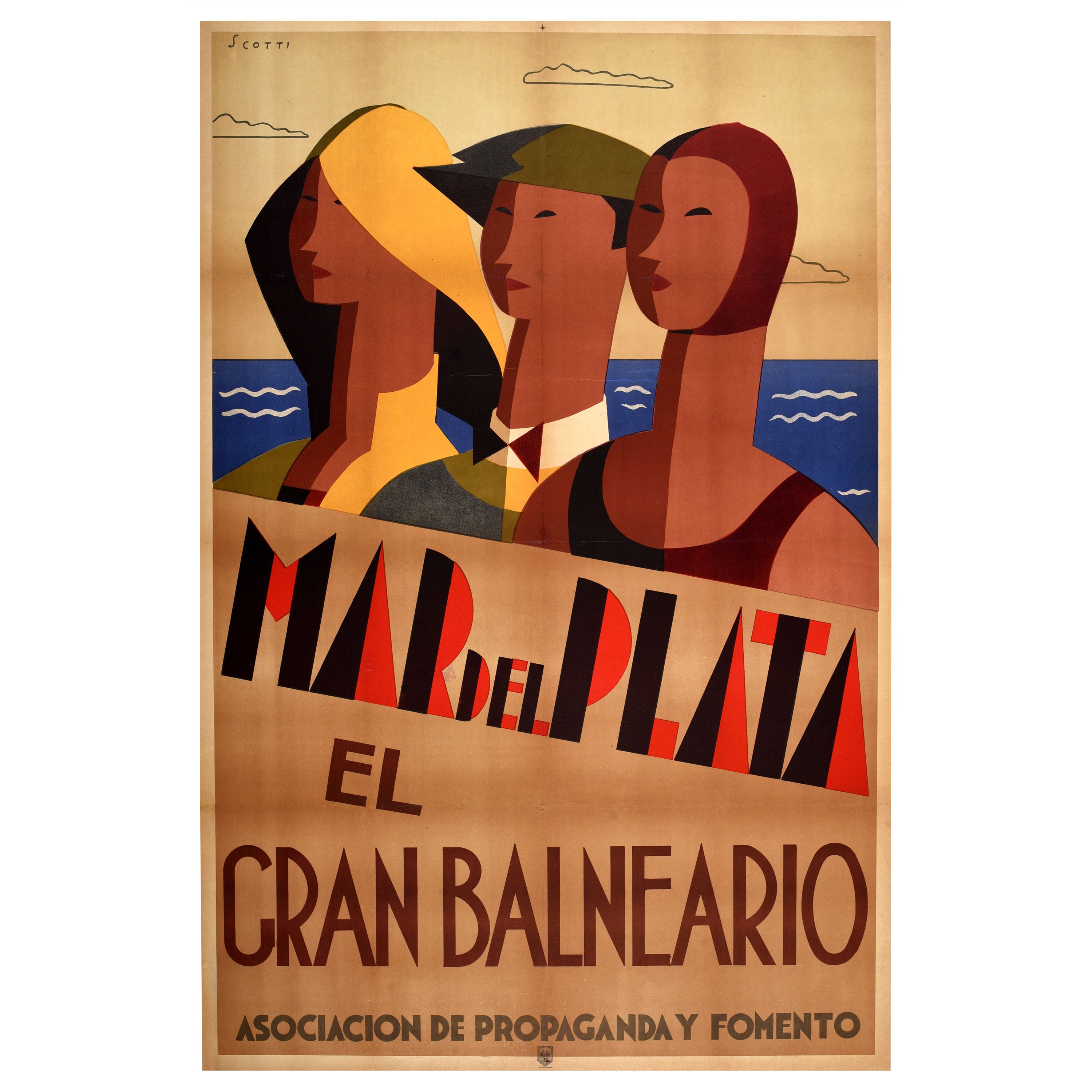 Original Vintage Travel Poster Mar Del Plata Spa Sea Argentina Art Deco Design For Sale