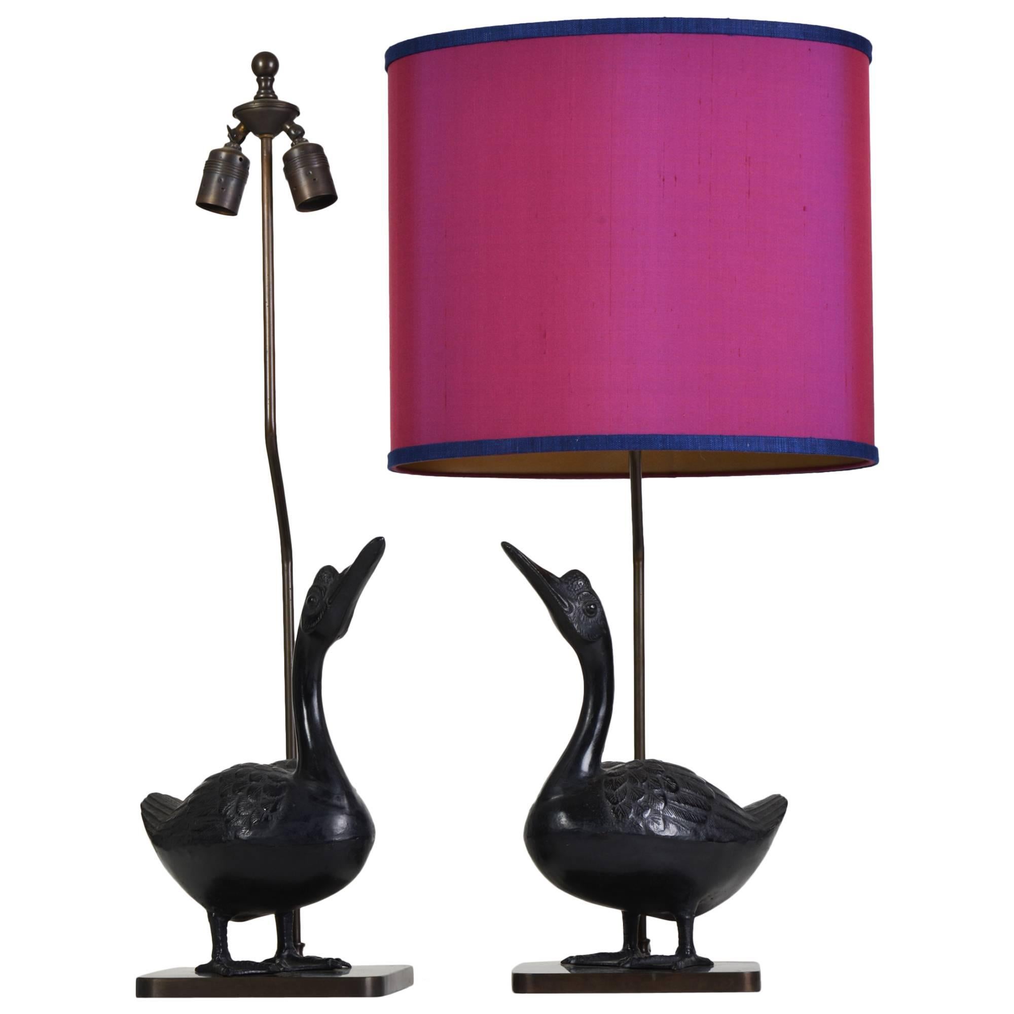 Pair of Vintage Chinese Bronze Goose Table Lamps For Sale