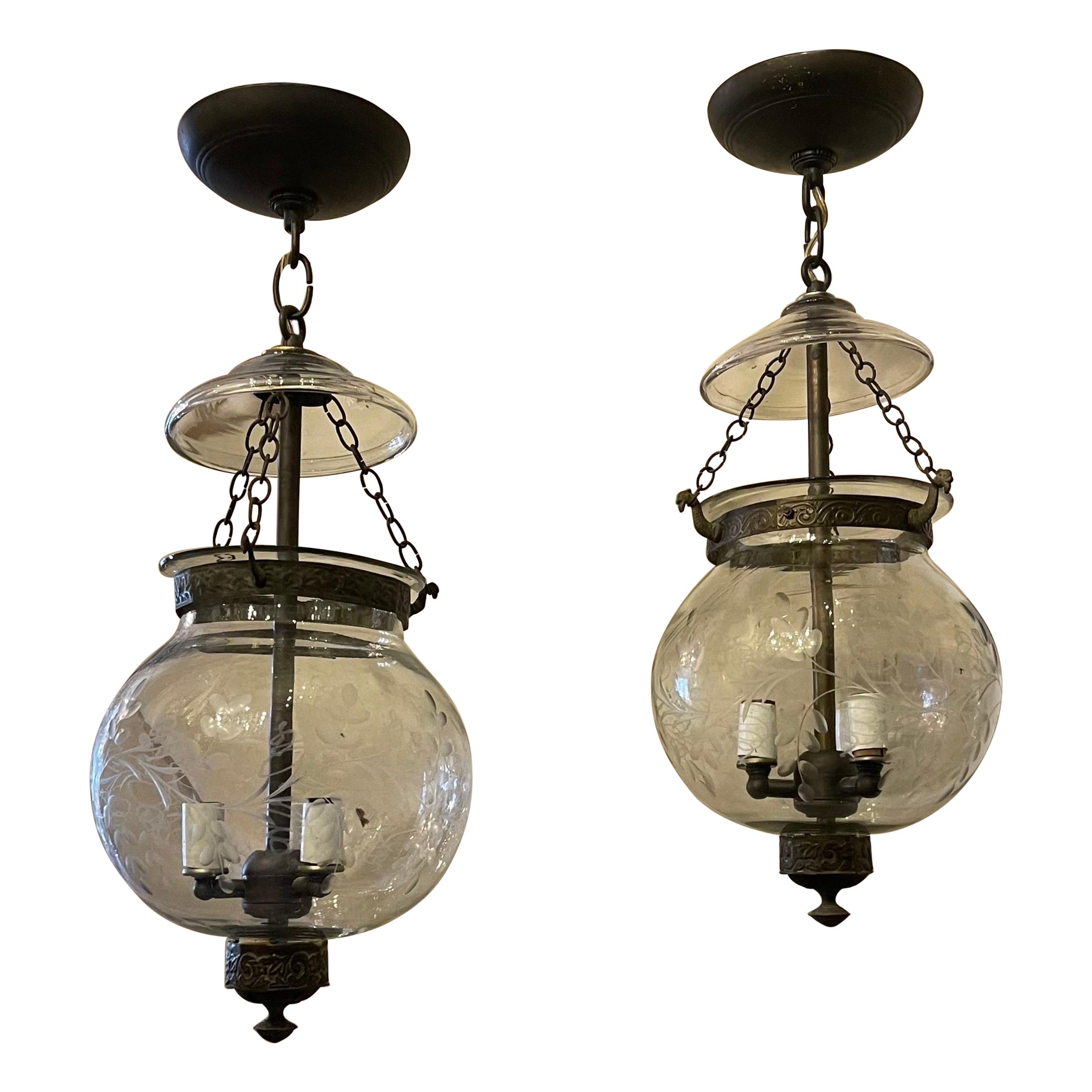 Wonderful Vintage Pair Etched Glass Leaves Grape Vine Pattern Bell Jar Lanterns