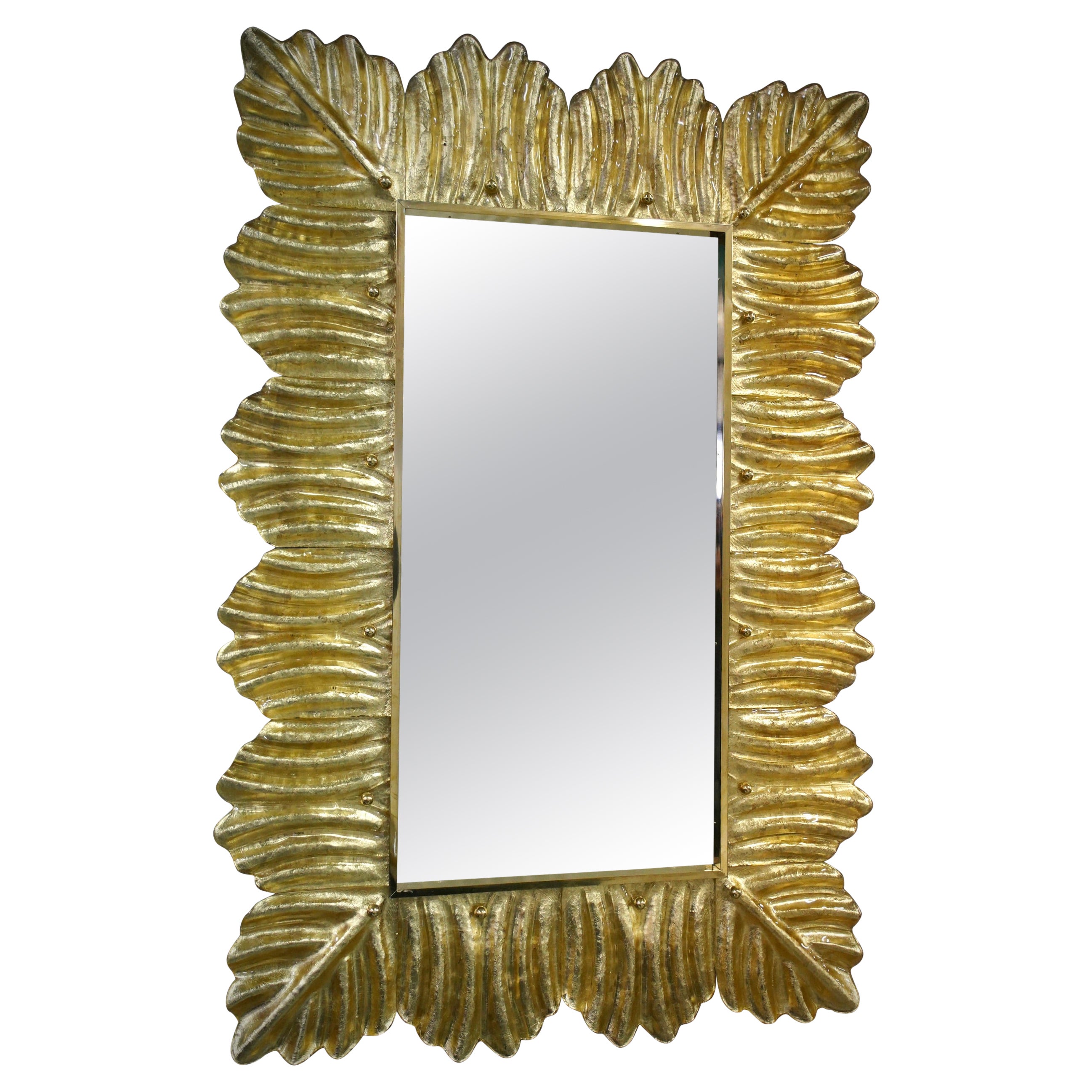 Murano Gold Color Glass and Brass Mid-Century Wall Mirror, 2000 For Sale