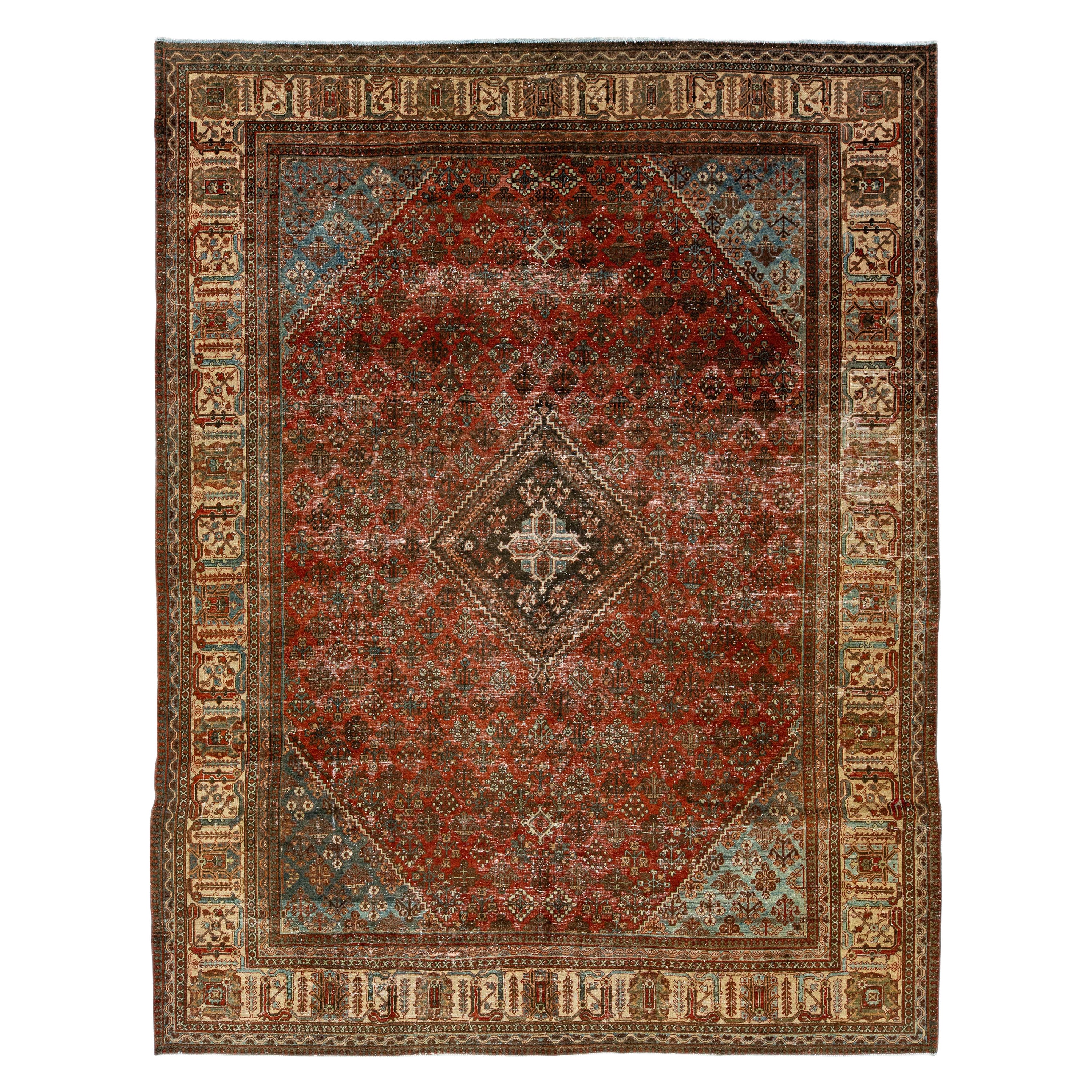 1930s Red Handmade Josheghan Persian Wool Rug With Allover Motif For Sale