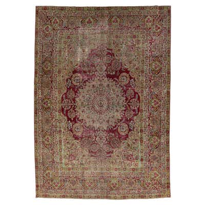 Antique Traditional Hand-Woven Wool Floral Persian Kerman Rug 14'8