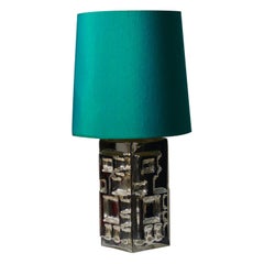 Antique Swedish Modern Square Glass Table Lamp with Original Green Shade