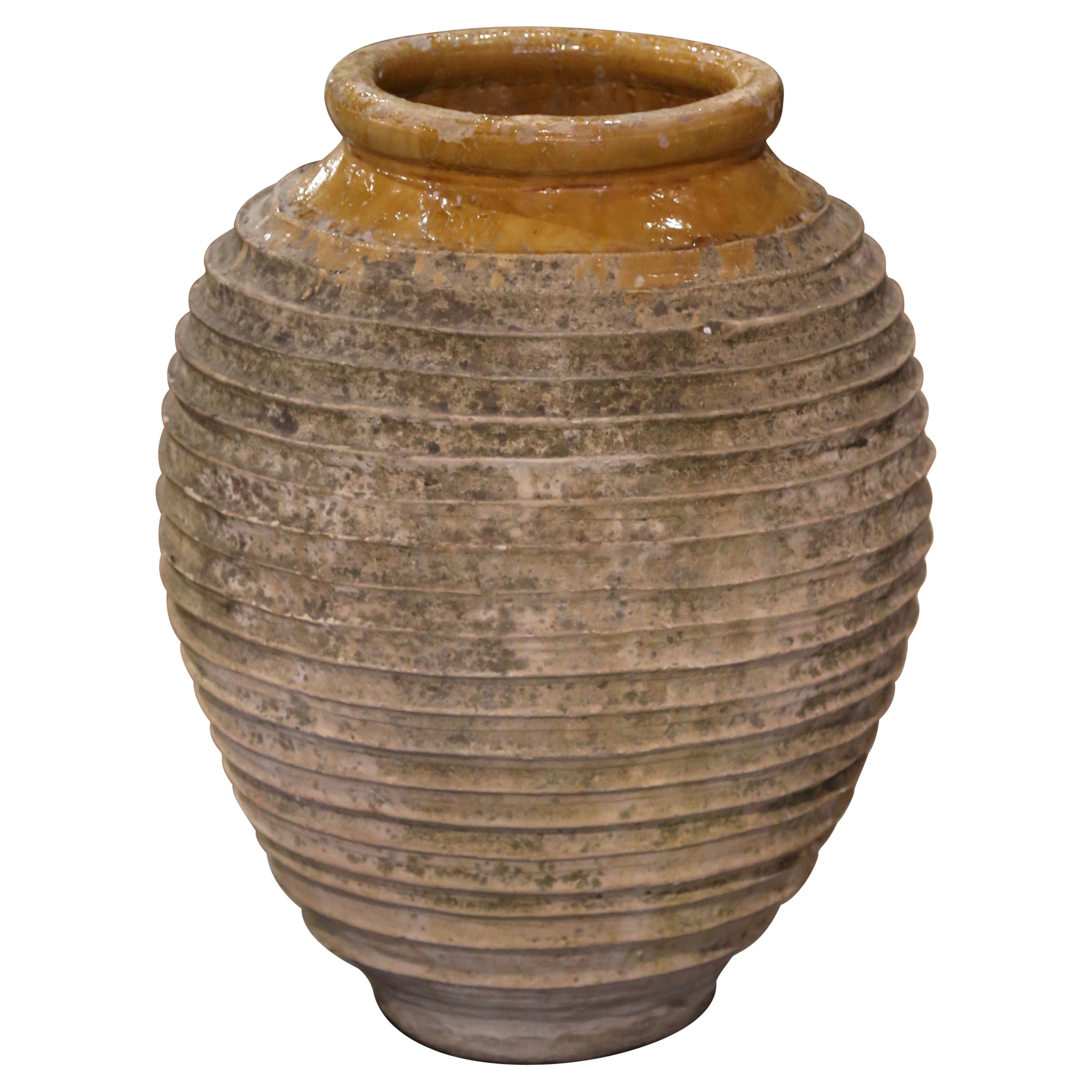  Mid-19th Century Greek Patinated Terracotta Olive Jar with Mustard Glazed Neck For Sale
