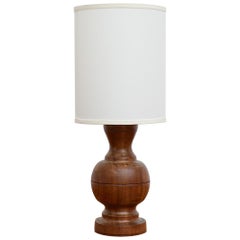 Mid-Century Brutalist Carved Mahogany Table Lamp with New Linen Shade