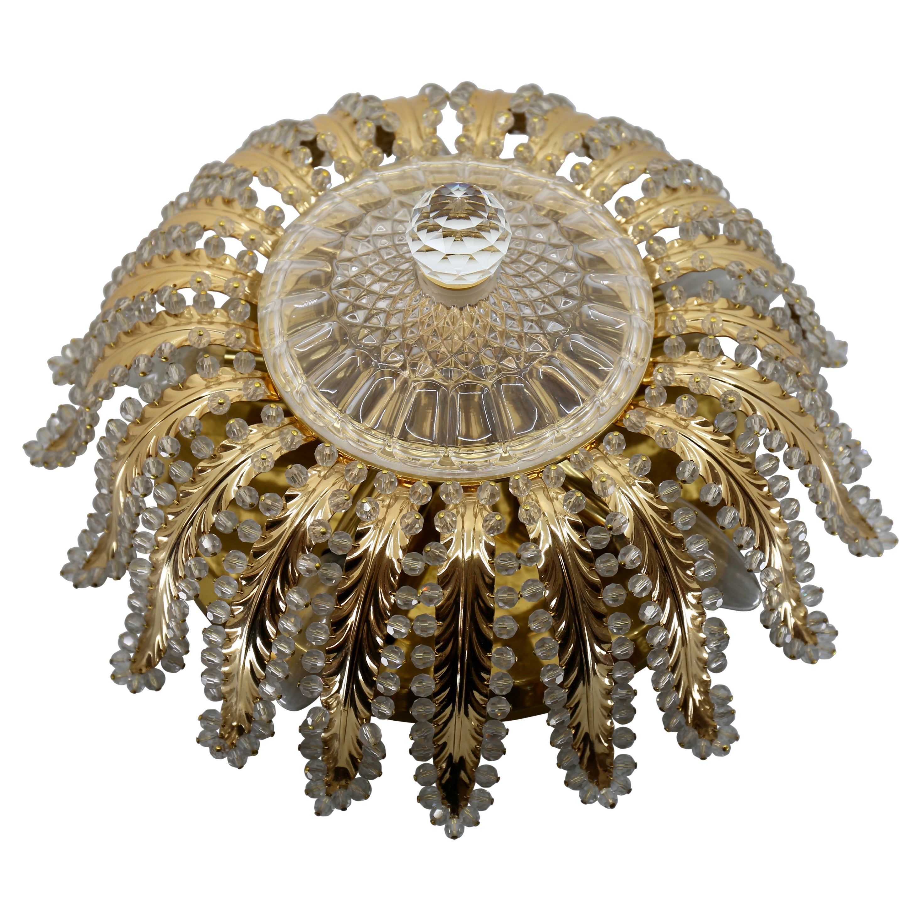 1 of 2 Brass and Crystal Glass Bead Palm Leave Flush Mount  For Sale