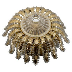 1 of 2 Brass and Crystal Glass Bead Palm Leave Flush Mount 