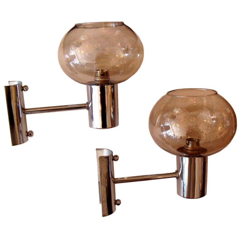 Denis Diderot Glass & Chrome Sconces, Wall Lights Mid-Century Modern, Pair  For Sale