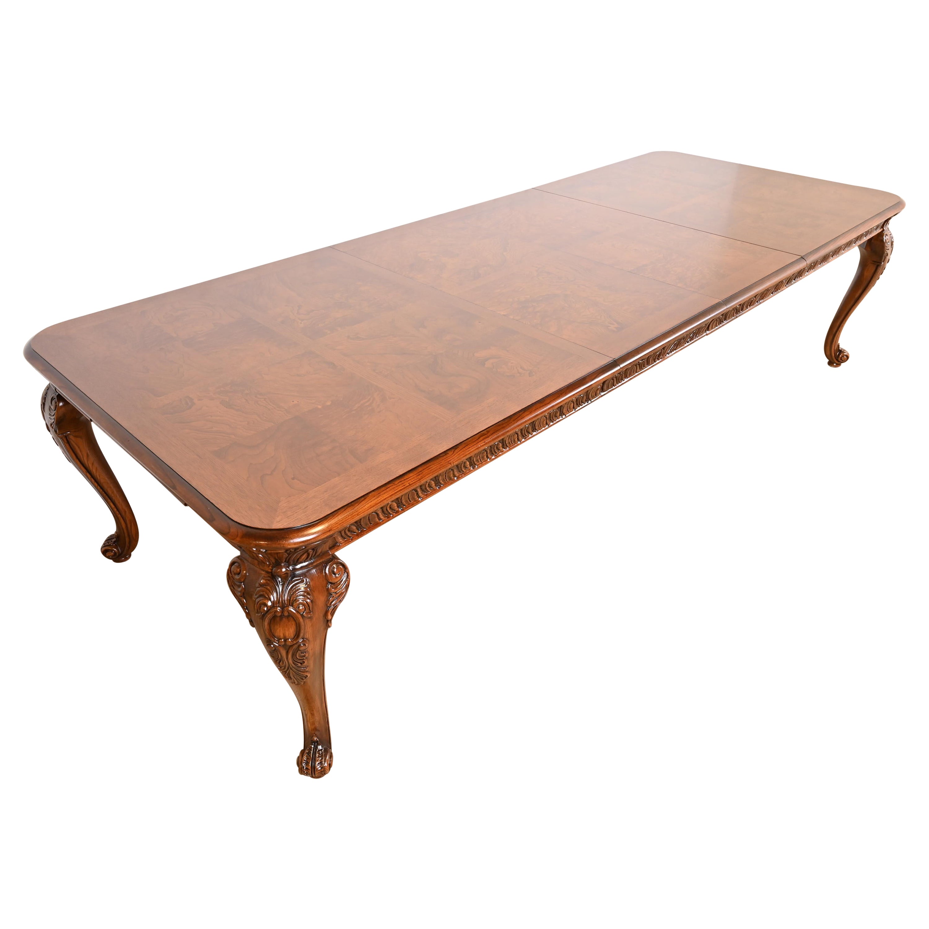 Henredon Italian Baroque Carved Oak and Burl Wood Dining Table, Newly Refinished For Sale
