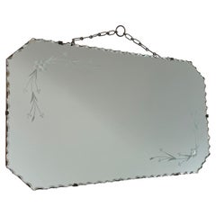Vintage Wall Mirror With Floral Etching and Scallop Beveled Edges.
