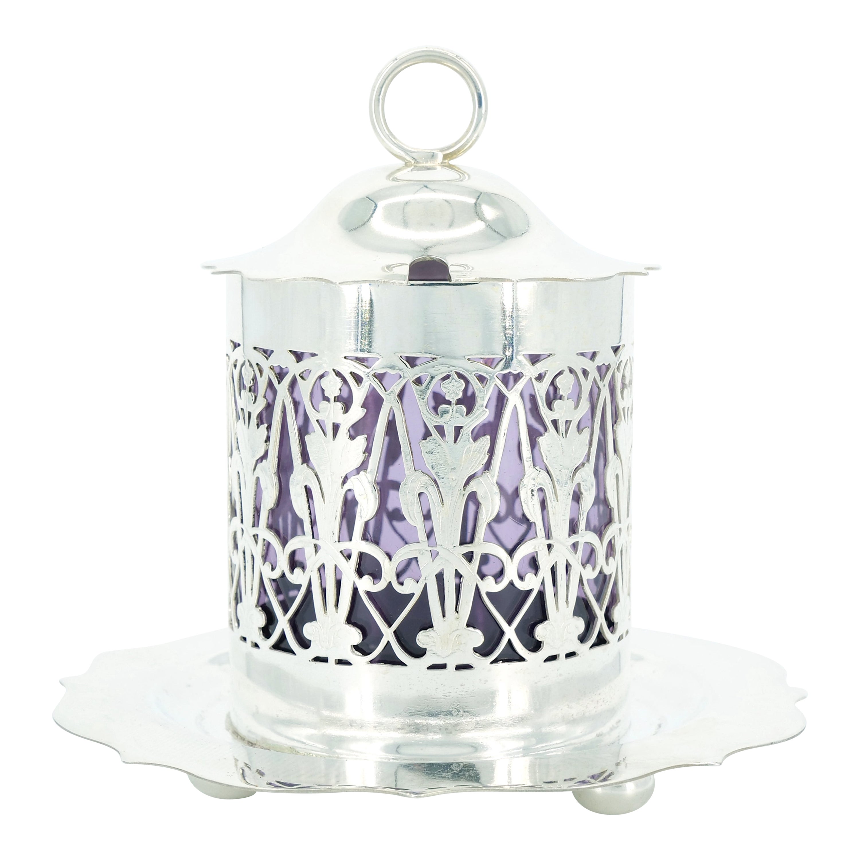 Englisches versilbertes, haltendes, lila Glas-Insert-Tischgeschirr-Deckelgefäß mit Sockel im Angebot